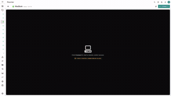 Roomler remote desktop in one browser tab: a MacBook and three Windows laptops, each connected and shown full screen