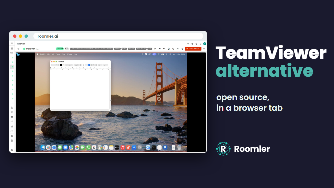 The Roomler viewer in a browser tab showing a MacBook's desktop, next to the words TeamViewer alternative, open source, in a browser tab