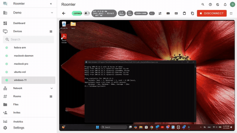 A Roomler remote desktop session in a browser tab: a Windows 11 desktop streamed live from one of the enrolled devices
